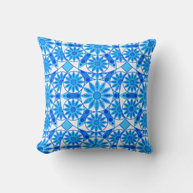 Almofada Padrão de mandala, cobalto, turquesa e branco (Frente)