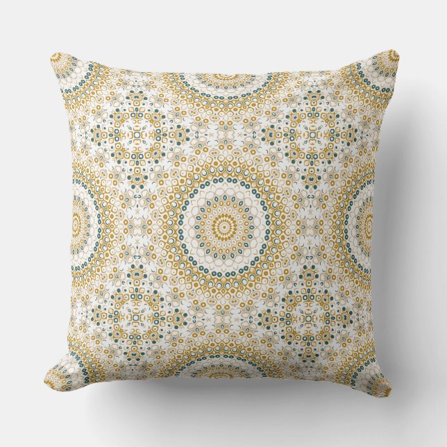 Almofada Padrão de Mandala Geométrico Dourado e Verde (Frente)