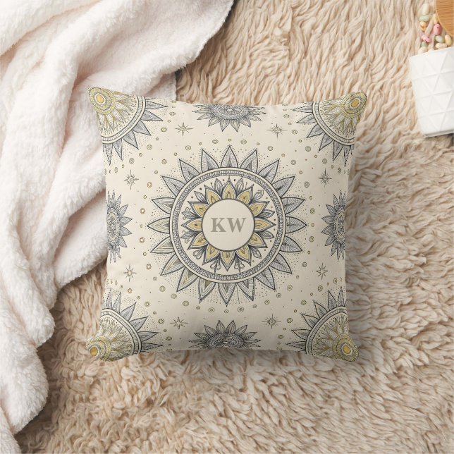 Almofada Padrão de Mandala Monograma Dourado Cinza (Cobertor)