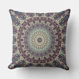 Almofada Padrão de Mandala Roxo Turquesa e Creme