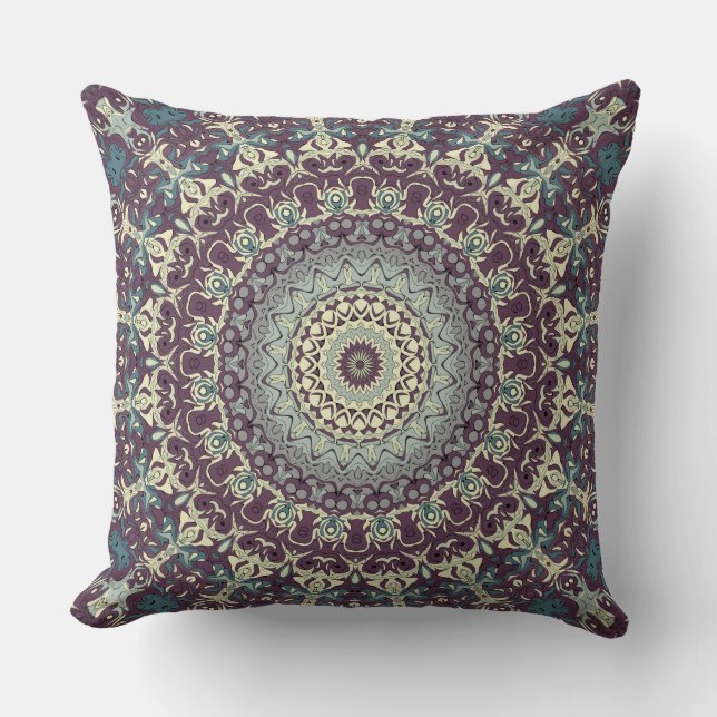 Almofada Padrão de Mandala Roxo Turquesa e Creme (Frente)