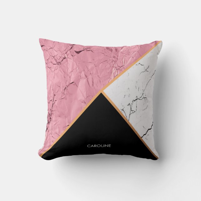 Almofada Padrão de mármore branco e preto rosa Dourado (Frente)
