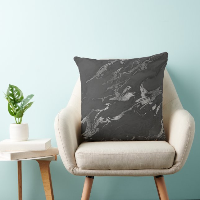 Almofada Padrão de Mármore Preto e Prata Moderno (Cadeira)