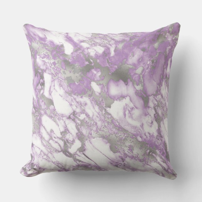 Almofada Padrão de Mármore Roxo Claro e Prata Moderno (Frente)