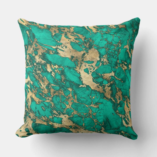 Almofada Padrão de Mármore Teal e Dourado Moderno (Frente)