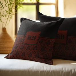 Almofada Padrão de Monograma em Damasco Burgundy e Preto