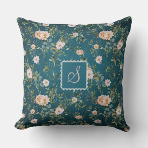 Almofada Padrão de Monograma Floral Ciano Escuro Elegante V