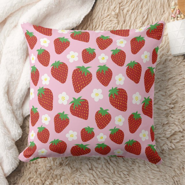 Almofada Padrão de Morango Fofo em Fundo Rosa (Cobertor)