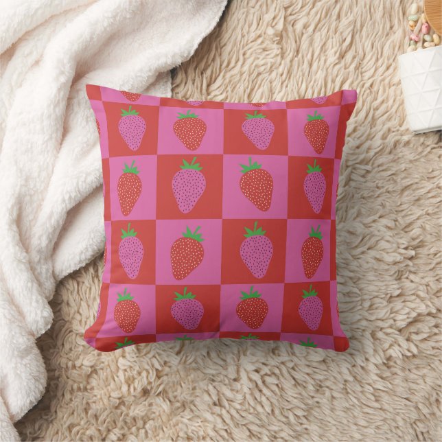 Almofada Padrão de Morangos Rosa e Vermelho Xadrez (Cobertor)