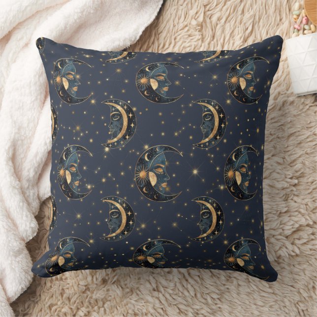 Almofada Padrão de Noite Estrelada Dourada da Lua Celestial (Cobertor)