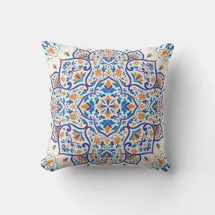 Almofada Padrão de Ornamento Azul Laranja de Luxo