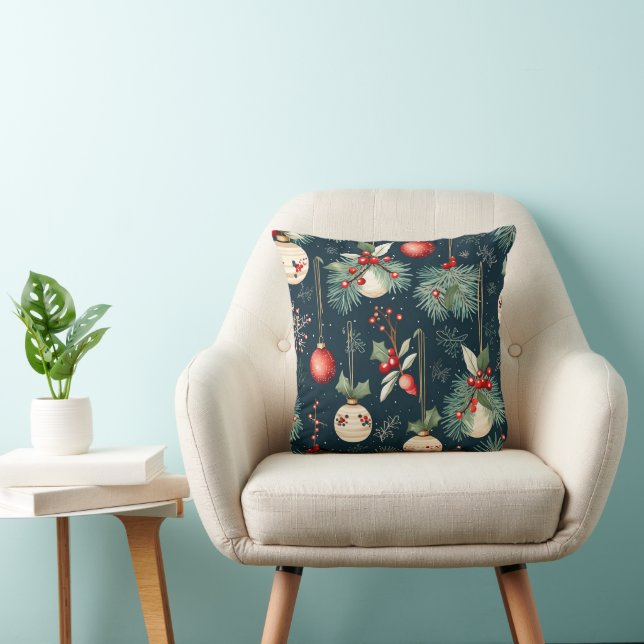 Almofada Padrão de Ornamentos de Natal Azul Turquesa e Verm (Cadeira)