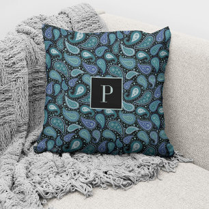 Almofada Padrão de Paisley Azul Retro Elegante Monograma