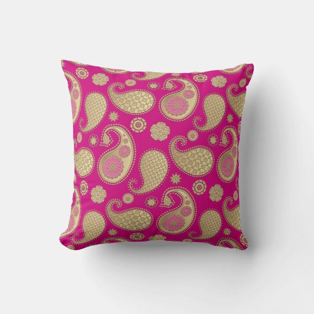 Almofada Padrão de Paisley, Dourado Suave no Rosa Profundo  (Frente)