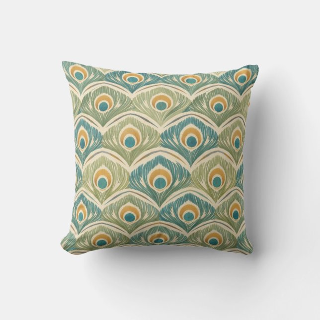 Almofada Padrão de Pena de Pavão Suave em Sage & Dourado (Frente)