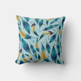 Almofada Padrão de Penas Douradas Azul