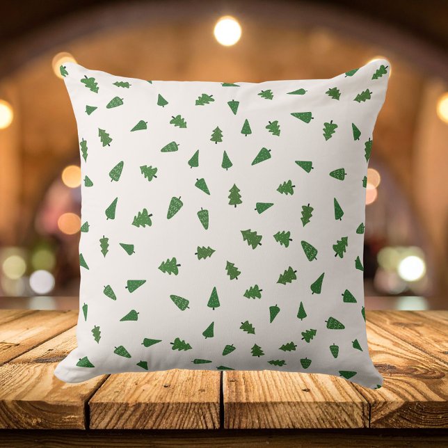 Almofada Padrão de Pinheiros Verdes, Natal (Watercolor Rustic Green Pine Trees Pattern Throw Pillow)
