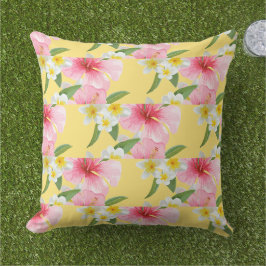 Almofada Padrão de Plumeria de Hibisco Tropical Amarelo