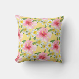 Almofada Padrão de Plumeria de Hibisco Tropical Amarelo