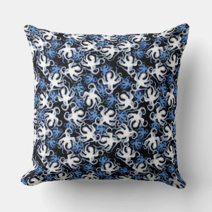 Almofada Padrão de polvo preto, branco e azul sem soldadur