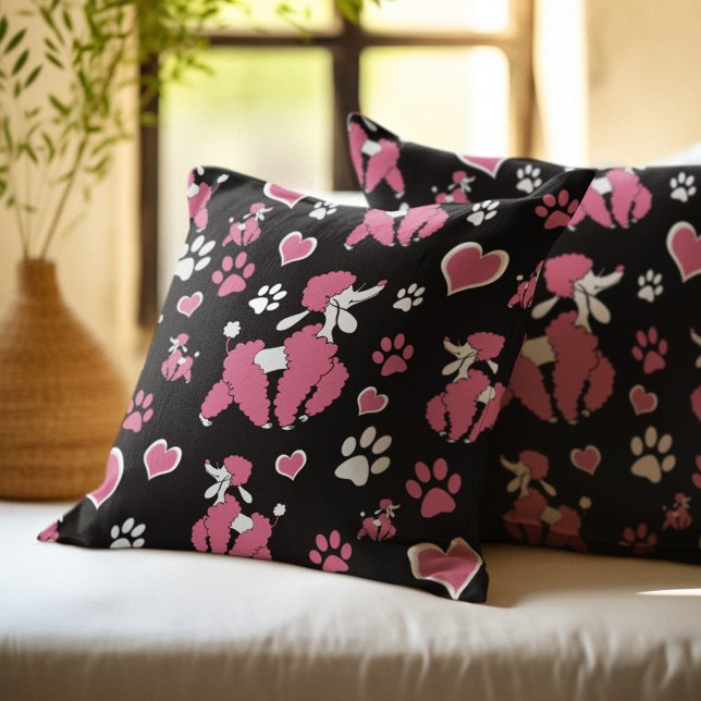 Almofada Padrão de Poodles Rosa e Impressões de Pata (Criador carregado)