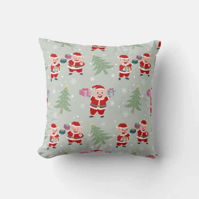Almofada Padrão de Porco de Natal Dando Presentes (Frente)