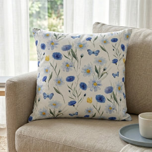 Almofada Padrão de Prado de Flores Silvestres Aquarela Azul