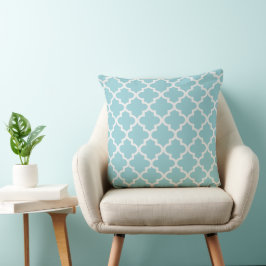 Almofada Padrão de Quatrefoil Azul-Aqua e Branco Moderno