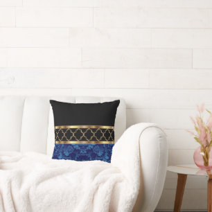 Almofada Padrão de Quatrefoil Azul, Preto e Dourado