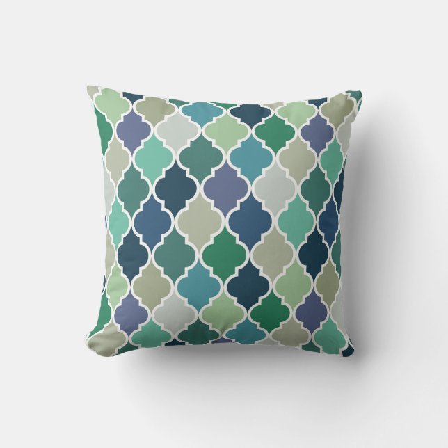 Almofada Padrão de quatrefoil azul, verde e turquesa (Frente)
