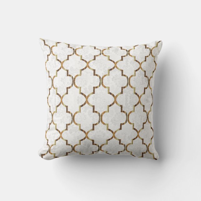 Almofada Padrão de Quatrefoil Branco e Dourado de Textura (Frente)