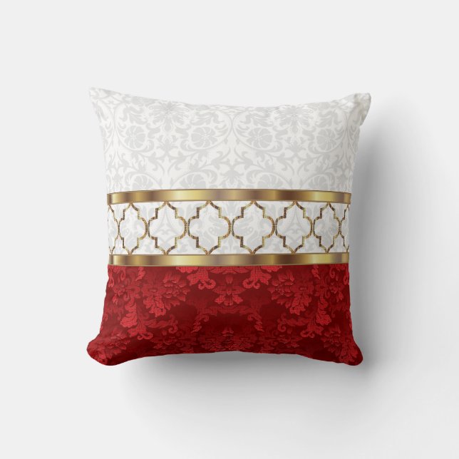Almofada Padrão de Quatrefoil Elegante Vermelho, Branco e D (Frente)