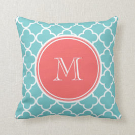 Almofada Padrão De Quatrefoil Teal, Monograma De Coral