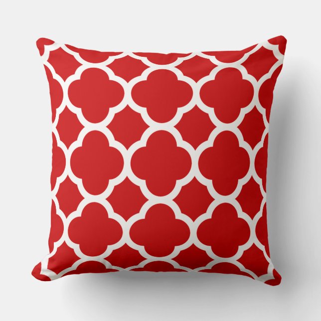 Almofada Padrão de Quatrefoil Vermelho e Branco (Frente)