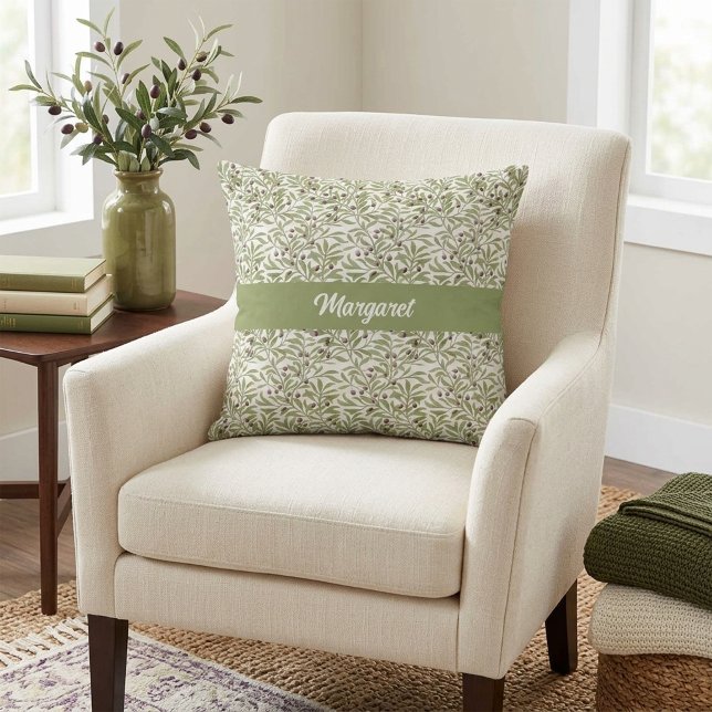 Almofada Padrão de ramo de oliveira botânico em verde sálvi (Sage Green MONOGRAM Botanical Olive Branch Pattern Throw Pillow)