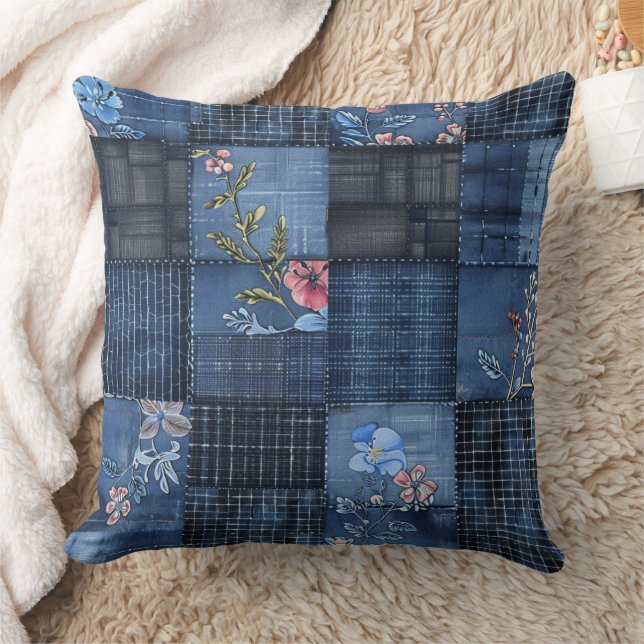 Almofada Padrão de Remendo Floral Índigo | Boho Denim (Cobertor)