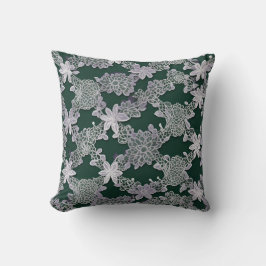 Almofada Padrão de rendas florais elegantes em verde e bran