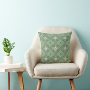 Almofada Padrão de repetição de folhas verde, creme e rosa