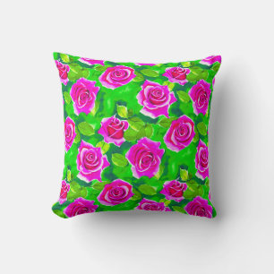 Almofada Padrão de Rosa de Aquarela Rosa Fuchsia