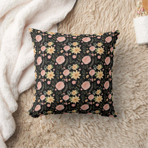 Almofada Padrão de Rosa de flor selvagem do legante preto