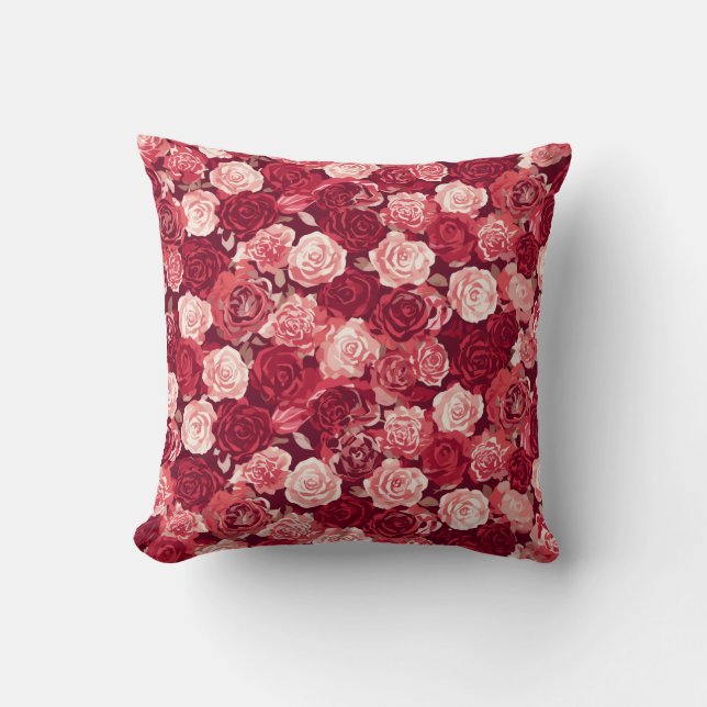 Almofada Padrão de Rosa Sem Costura Carmesim e Bege (Frente)