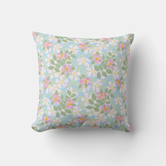 Almofada Padrão de Rosas de Cachorro Rosa e Branco no Azul- (Frente)