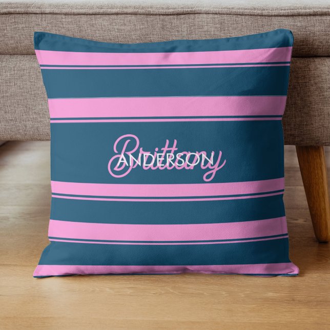 Almofada Padrão de Stripes Azul e Rosa Personalizado (Criador carregado)