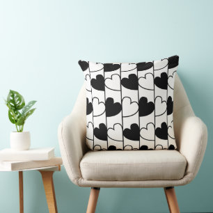 Almofada Padrão de Stripes do Coração Negro e Branco