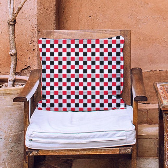 Almofada Padrão de tabuleiro vermelho preto e branco da vin (Criador carregado)