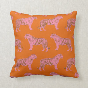 Almofada Padrão de Tigre Cinto em Rosa Vibrante e Laranja