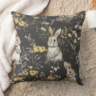 Almofada Padrão de Toile Floral do Coelho Cottagecore Preto