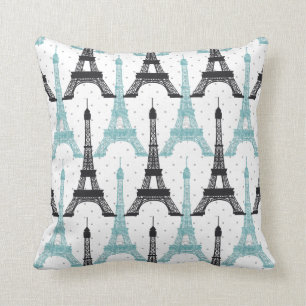 Almofada Padrão de Torre Eiffel em Aqua Chic em Monograma
