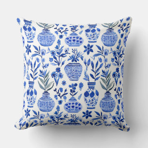 Almofada Padrão de vaso de chinoiserie azul branco verde