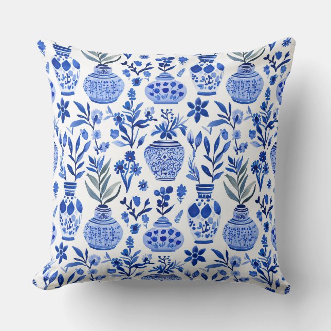 Almofada Padrão de vaso de chinoiserie azul branco verde (Frente)